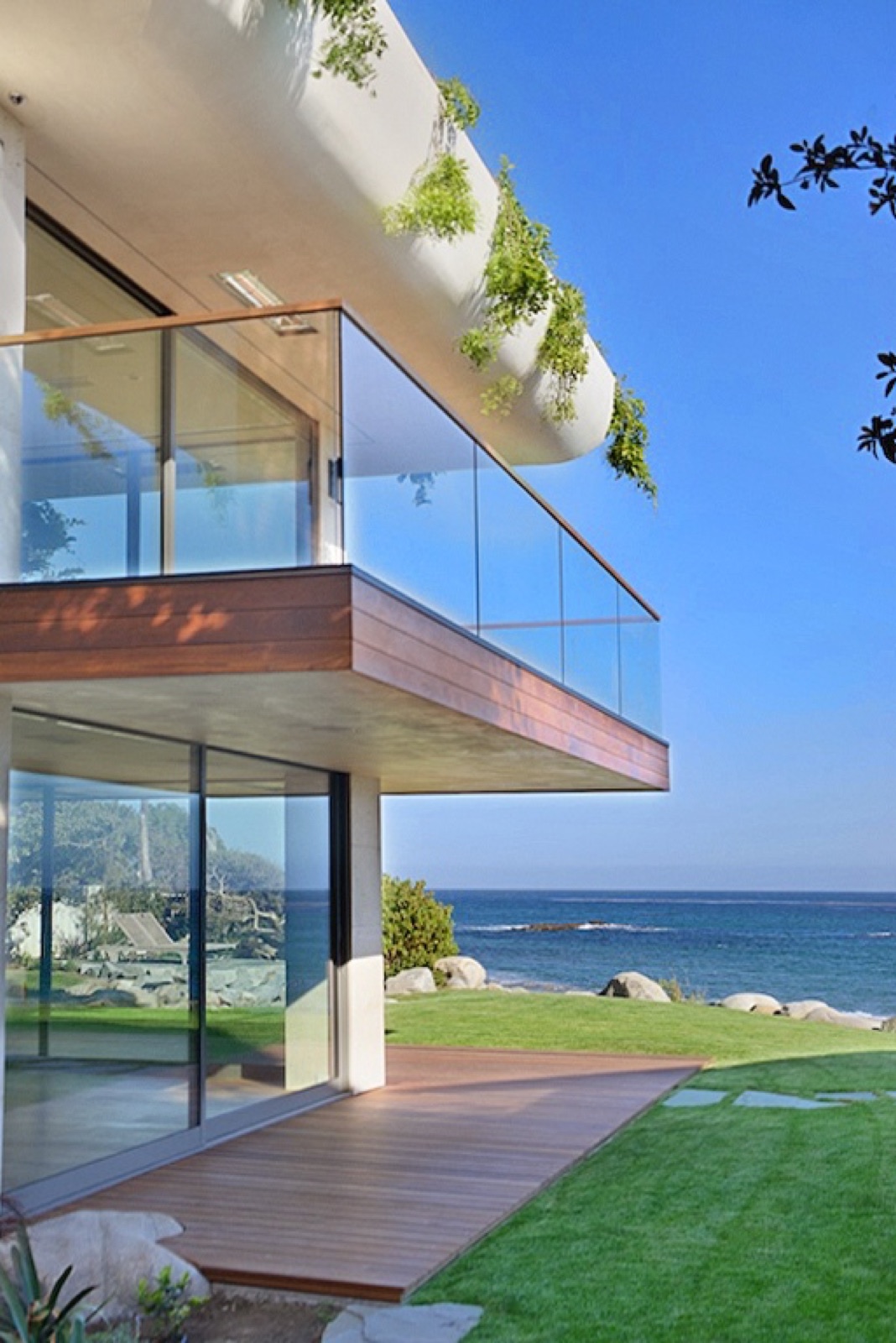 Tropical hardwood balcony deck on a multi-story building