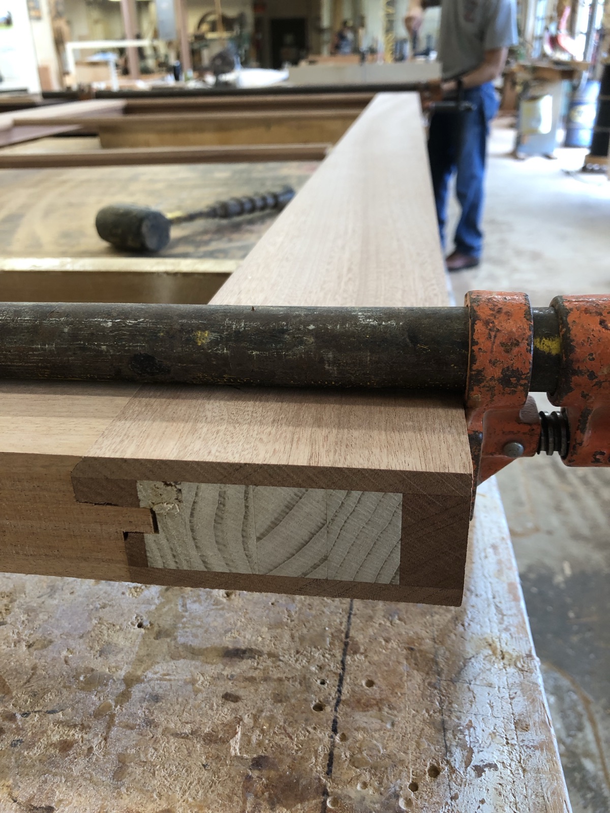 Door component in the shop showing its layered core
