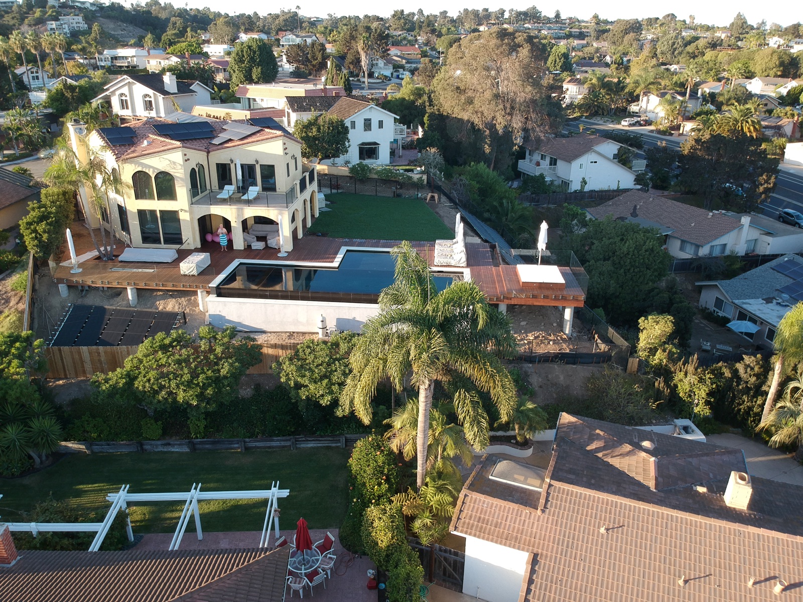 Aerial view of a tropical hardwood terrace deck