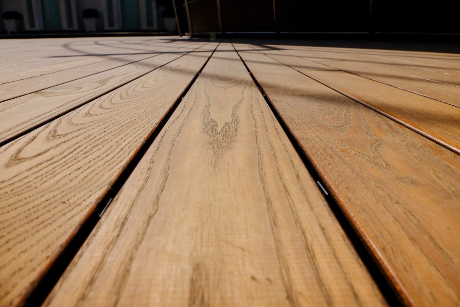 Close view of thermally modified decking boards