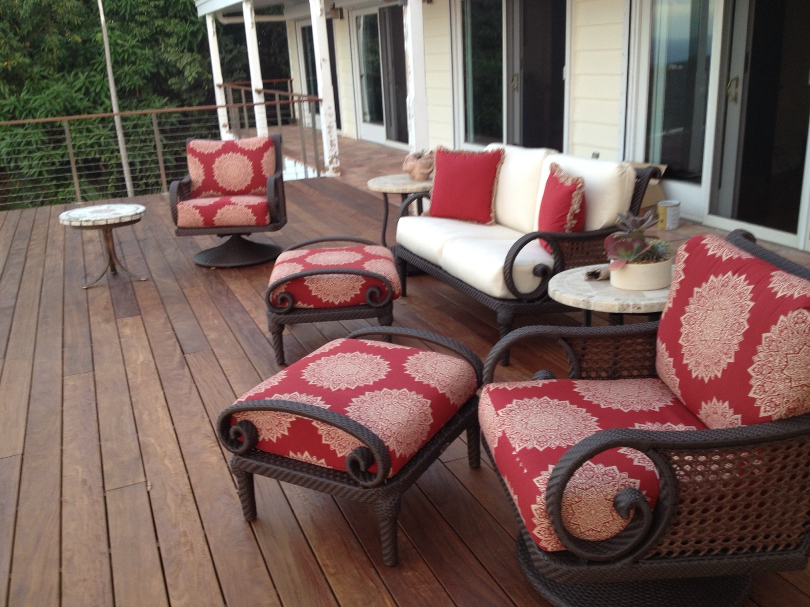 Tropical hardwood backyard deck with outdoor furniture
