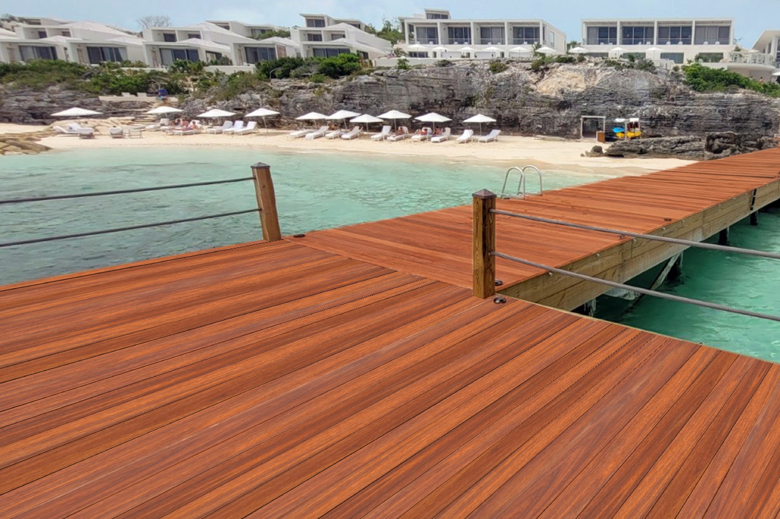 Tropical hardwood dock and deck on a large residential site
