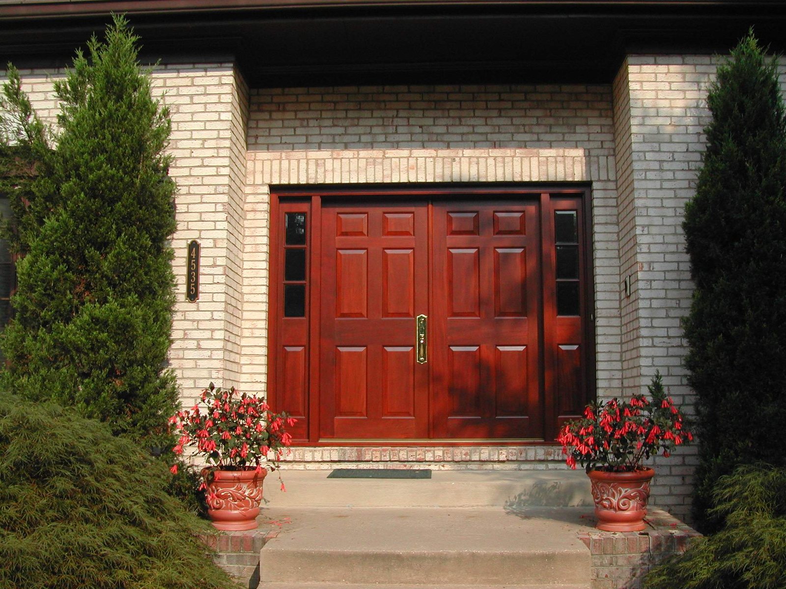 An entrance door set into masonry, where the threshold meets the step below it