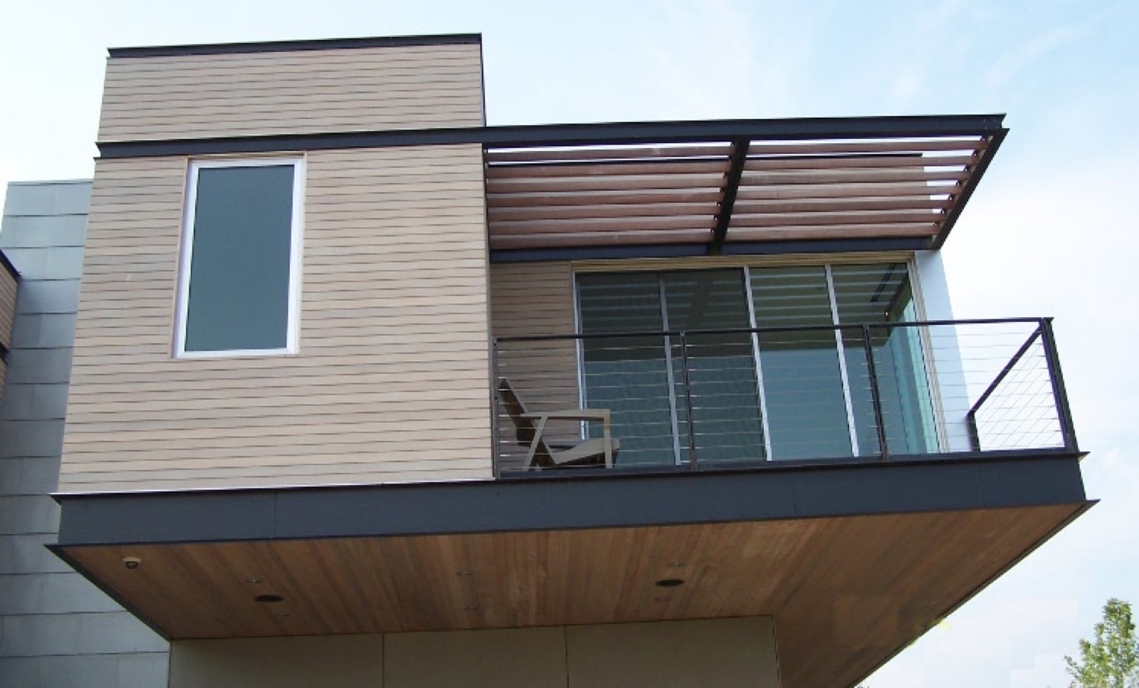 Finished soffit under a deep roof overhang