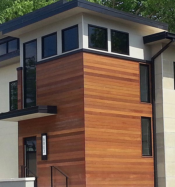 Jatoba siding wrapping a building corner