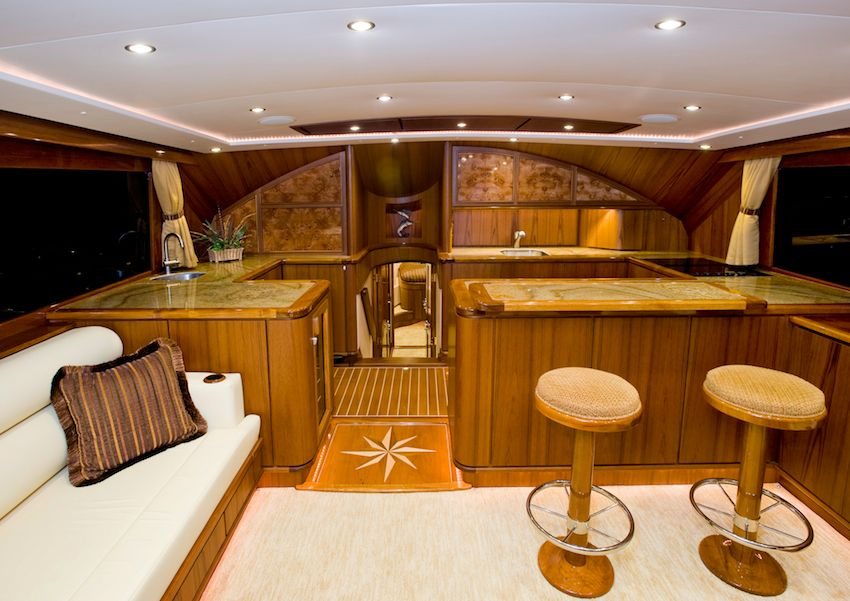 Interior cabinetry in teak, panel and frame together